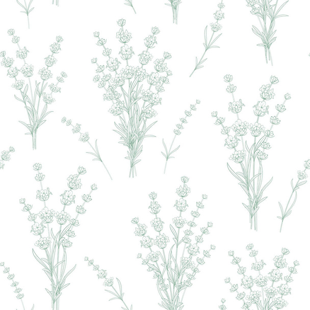 白い背景にラベンダーの花からシームレスなパターン - ベクター画像