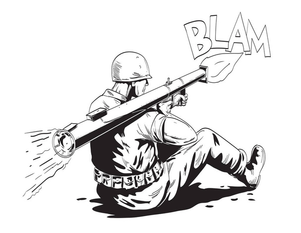 Рисунок в стиле комиксов или иллюстрация американского солдата времен Второй мировой войны, стреляющего из базуки или печи на изолированном фоне в черно-белом стиле ретро. - Вектор,изображение