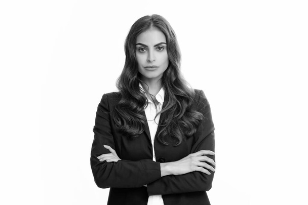 Portrait of business woman in suit crossed arms. Confidence businesswoman against grey background with copy space. Proud student girl. Beautiful businesswoman. Female employee young secretary - Φωτογραφία, εικόνα
