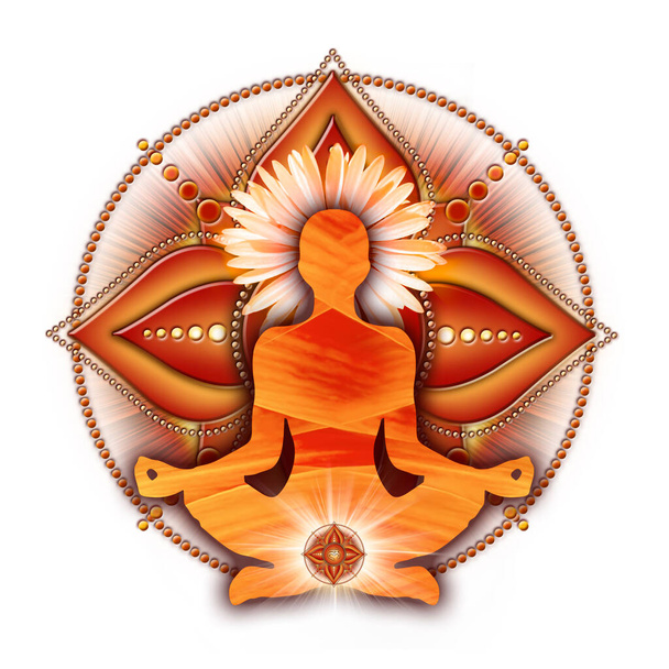 Корневая чакра медитирует в позе лотоса йоги, перед символом чакры муладхары. Мирный декор для медитации и энергетического исцеления чакр. - Фото, изображение