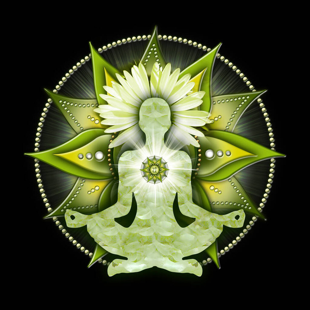 Meditación del chakra del corazón en la pose del loto del yoga, delante del símbolo del chakra del anahata. Decoración pacífica para la meditación y la curación de la energía del chakra. - Foto, imagen