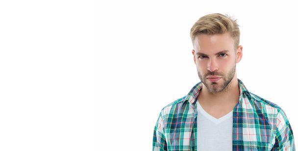 millennial guy on background with copy space. millennial guy in studio. photo of millennial guy wearing checkered shirt. millennial guy isolated on white. - Photo, Image