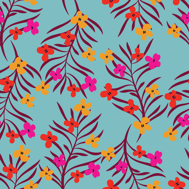 Light blue with pink, yellow-orange flowers with brick brown leaves elements seamless pattern background design. Great for home interior, fashion and outdoor surface design projects.  - Vektor, obrázek