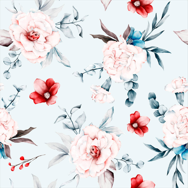 Blumenmuster mit rosa und blauen Blüten und roten Pfingstrosen - Vektor, Bild