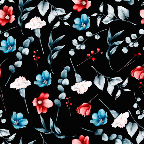 floral pattern with pink and blue flowers and red peonies - Vector, imagen