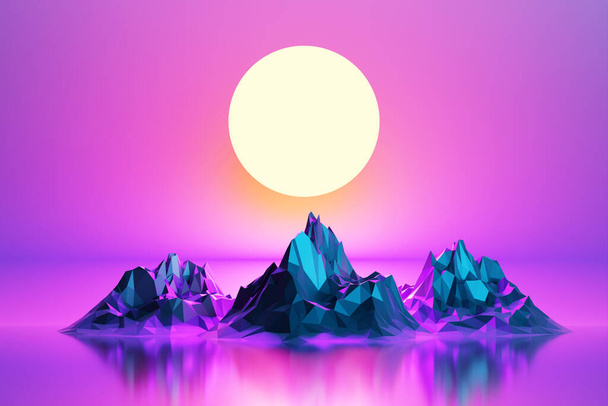 3D rendering, Virtuální realita, západ slunce mezi horami.Design ve stylu 80. let. Futuristický syntezátor retro vlnová ilustrace  - Fotografie, Obrázek