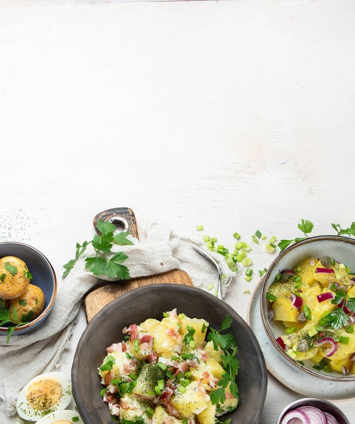 Set with different potato salads. Traditional german and american cuisine. Top view, copy space  - Photo, Image