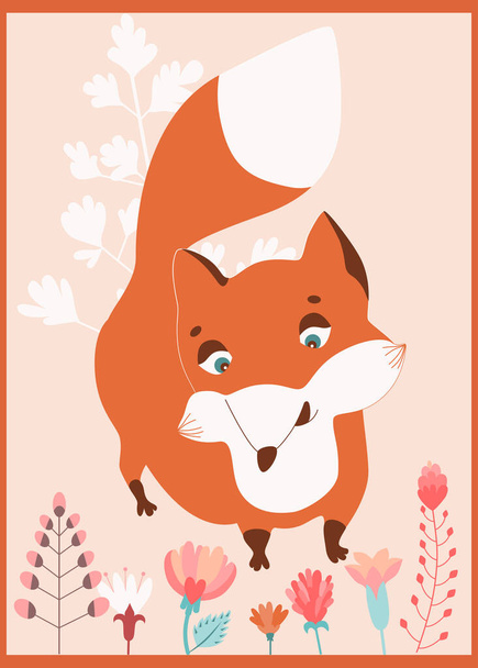 Ready to use design for your notebook. Cute fox. Poster for baby room. Childish print for nursery. Design can be used for fashion t-shirt, greeting card, baby shower...Vector illustration. - Vector, imagen