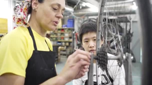 two women in multiracial community bike workshop, one teaching the other how to align the bike wheel, concentrating on checking the bike. - Footage, Video