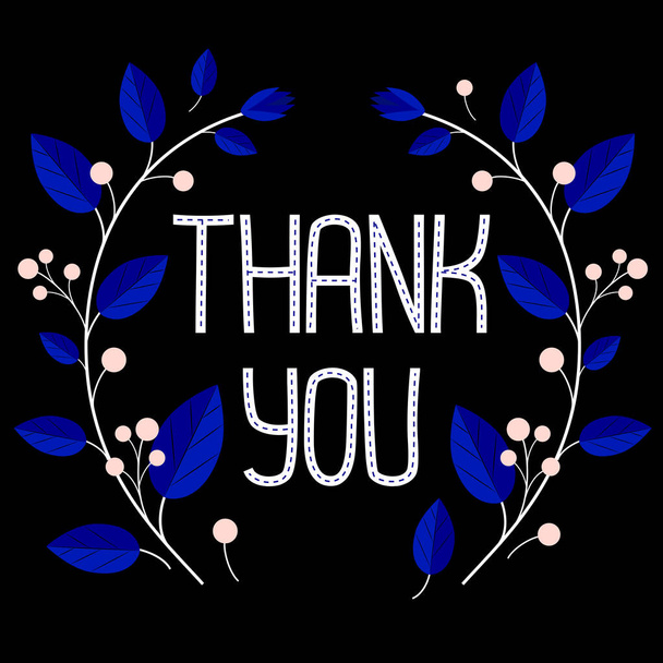 Текст "Спасибо" с декоративными ветвями ягод и синими листьями на черном фоне. Векторная открытка. - Вектор,изображение