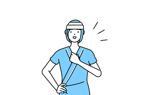 Femme hospitalisée portant une robe d'hôpital et bandage sur la tête tapant sur sa poitrine, Illustration vectorielle - Vecteur, image