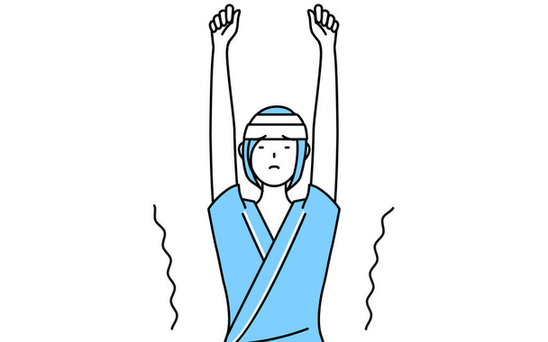 Paciente feminina internada vestindo vestido de hospital e bandagem na cabeça alongamento e de pé alto, Vector Ilustração - Vetor, Imagem