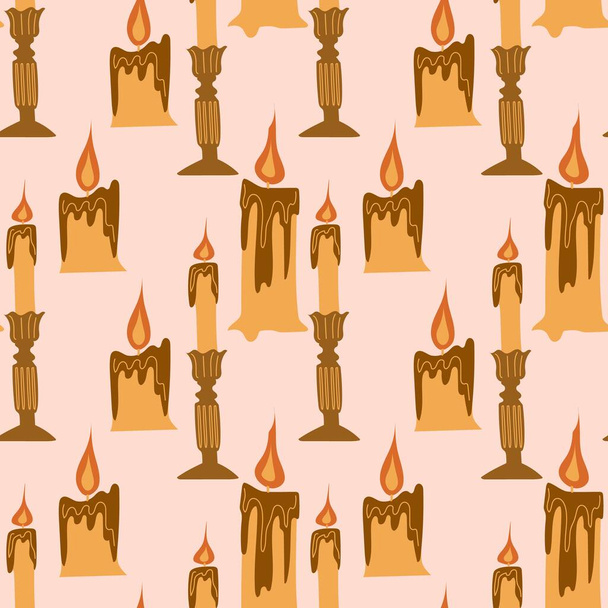 Halloween vector cartoon seamless pattern.Candles on a beige background. Autumn festive background. Background for wallpaper, wrapping, packing, and backdrop - Vector, Imagen