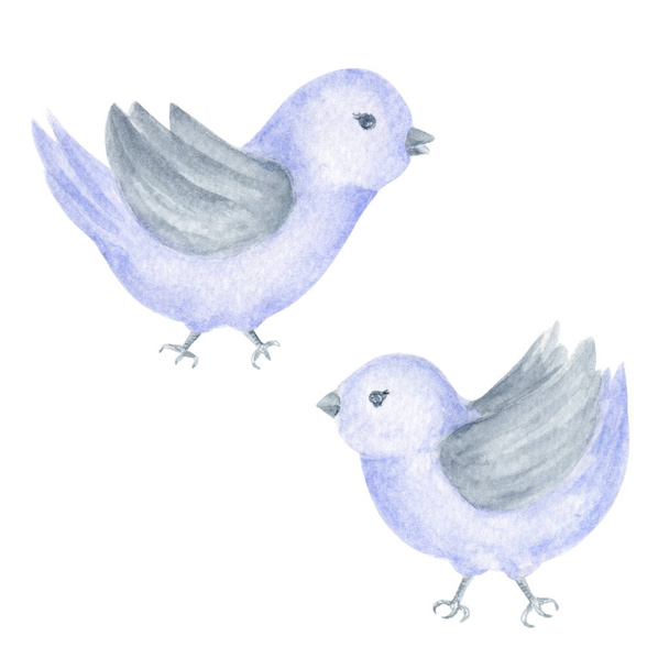 Ein Paar kleiner Aquarellvögel. Lavendel und grau dekorative Birdies Set. Zur Verwendung für Tapeten, Banner, Textilien, Postkarten oder Packpapier - Foto, Bild