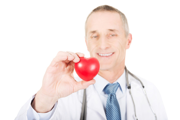 Male doctor holding heart model - 写真・画像