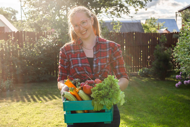 фермер с коробкой собранных овощей - Фото, изображение