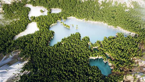 Lélegzetelállító légi kilátás egy buja erdőre egy kontinens alakú türkiz tóval, szívbemarkoló emlékeztető bolygónk védelmére és a fenntartható fejlődés előmozdítására. 3D renderelés - Fotó, kép