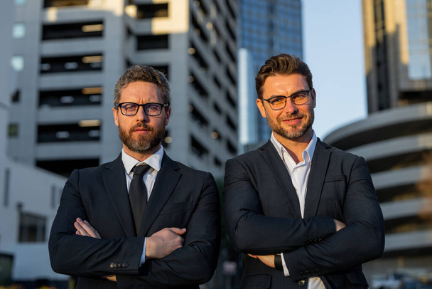 Successful business men posing outdoor in american city street. Advertising for businessman success. Top managers, politics. Two business teams. Business teams man growth strategy. Business - Fotografie, Obrázek