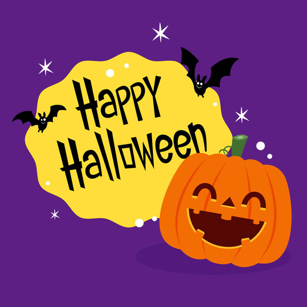 Happy halloween greeting card with cute pumpkin. Holidays cartoon character. Halloween pumpkin head vector. - Vektor, obrázek