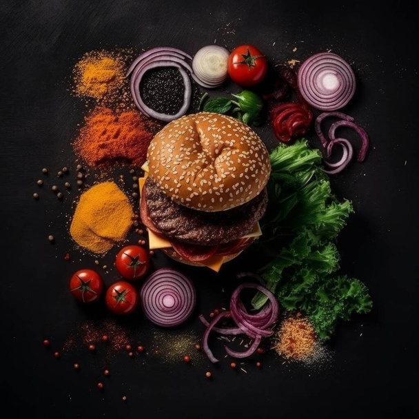 Tasty craft burger with grilled meat, cheese, tomato, vegetables on the black background AI - Fotó, kép