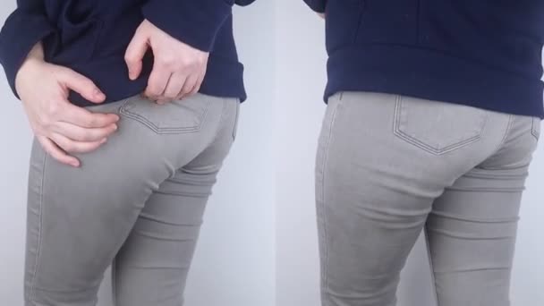 Before and after. A woman suffers from pain in the buttock. The doctor diagnoses the patient piriformis syndrome, pinch of the sciatic nerve, lumbar osteochondrosis or sciatica - Footage, Video