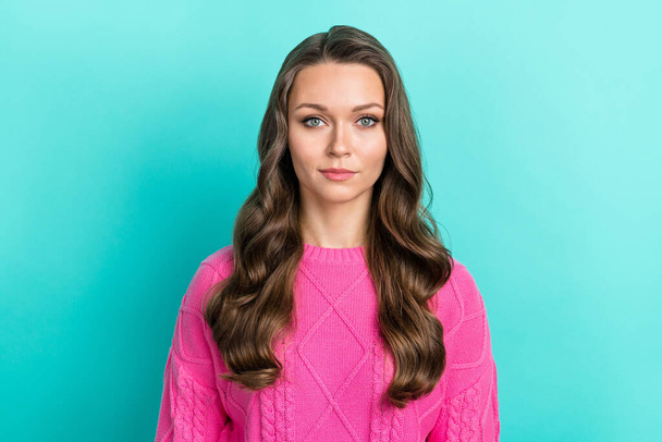 Photo of good mood adorable gorgeous woman with wavy hairdo dressed knitwear sweater look at camera isolated on teal color background. - Фото, зображення