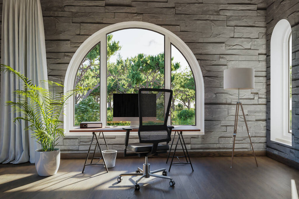 workplace with pc workstation in front of arched windows; landscape view; bright sunlight;  remote work freelance concept; 3D Illustration - Fotoğraf, Görsel