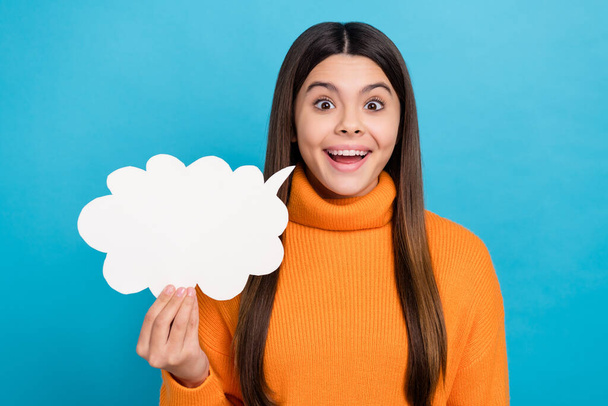 Photo of crazy ecstatic impressed girl with long hairstyle wear knit turtleneck hold mind cloud staring isolated on blue color background. - Foto, Bild