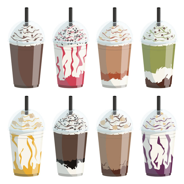 Vector glasses with various types of cold coffee and other drinks to go. Tasty drinks. - Vector, Image