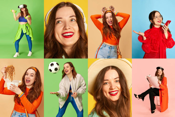 Collage made of images of happy young beautiful girl, woman in different fashion style clothes on multi colored backgrounds. Eating, studying, training. Concept of active lifestyle and happiness, ad - Photo, Image