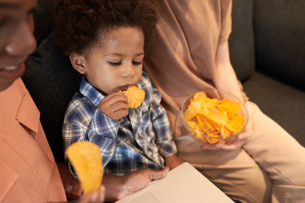 Mały chłopiec jedząc chipsy warzywne podczas oglądania kreskówki na laptopie z rodziną - Zdjęcie, obraz