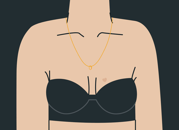 Busto de uma mulher em um belo sutiã preto sem alças. Corpo feminino superior. Ilustração de tendência vetorial para design. - Vetor, Imagem