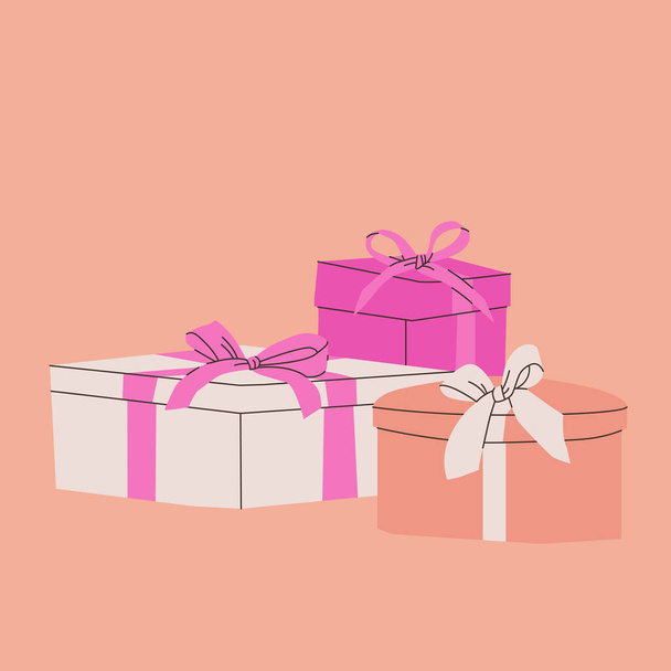 Composition of various gift boxes with bows. Vector flat isolated illustration for design. Pink, beige and white colors. - Вектор,изображение