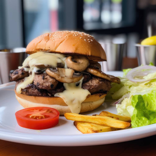 Mushroom Swiss burger, with a juicy beef patty, sauteed mushrooms, melted cheese, lettuce, tomato, and garlic aioli on a potato bun on a plate with background of the europen cafe . High quality photo - Foto, immagini