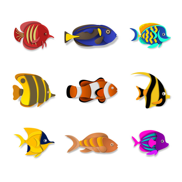 Colorful aquarium fish set vector paper cut style isolated. Tropical fishes collection bundle. - Vetor, Imagem