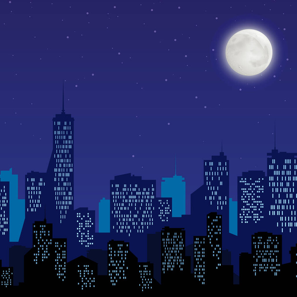 Night city with bright moon vector illustration in flat style - ベクター画像