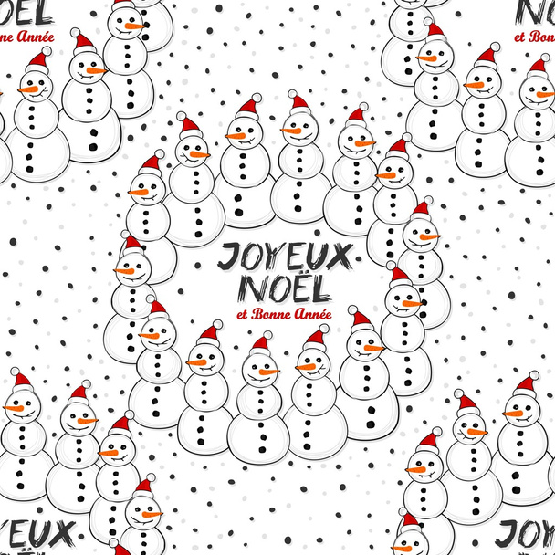 Happy snowmen in Santa Claus hats wreath Christmas winter holiday card illustration with Merry Christmas wishes in French on dark background - Vektor, kép