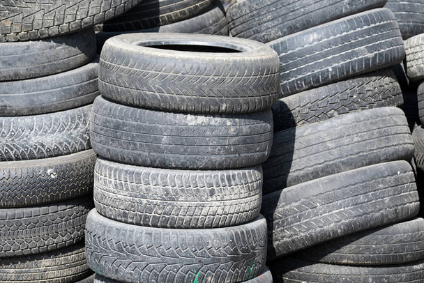 Old tires stacked in a pile, close-up photo - Photo, Image