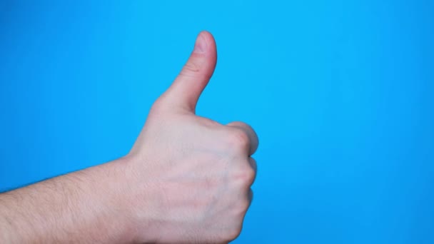 Male hand showing thumb up on bright blue background. Shows the class. Positive gestures on the background - Footage, Video