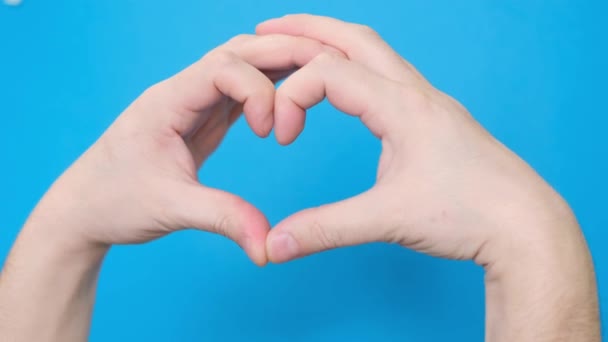 Een jonge mensenhand maakt een hart met twee handen op een blauwe achtergrond. Handgebaar op een blauwe achtergrond. Een gebaar van liefde. - Video