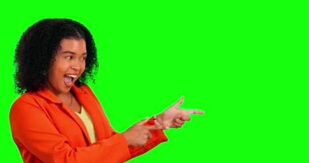 Green screen face, finger gun or happy woman point at commercial space, logo mockup or opportunity notification. Discount sales direction, chroma key portrait and business person on studio background. - Footage, Video