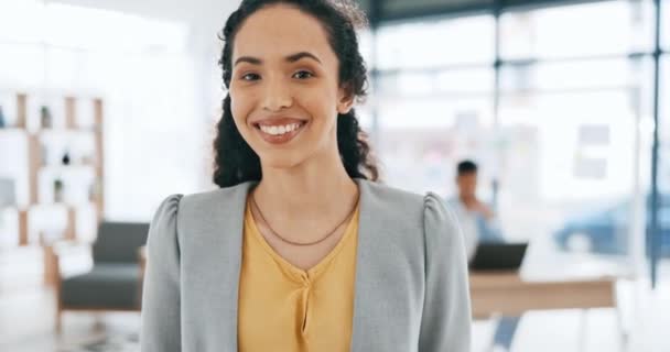Business woman, smile and face of a young person in a office ready for financial advisor job. Success, motivation and startup vision portrait of a professional and employee in a workplace with joy. - Footage, Video