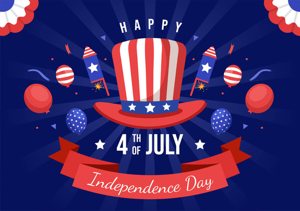 4th of July Independence Day USA Vector Illustration with American Flag and Balloons Background in Flat Cartoon Hand Drawn Landing Page Templates - Vector, Image