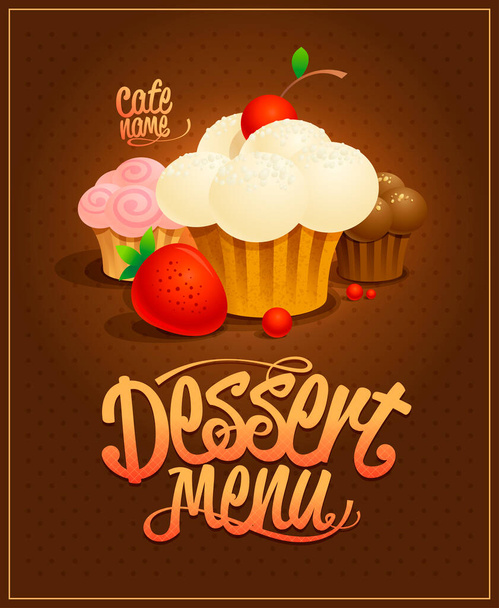 Dessert menu cover vector design template with cupcakes, cakes and berries illustration - Vektori, kuva