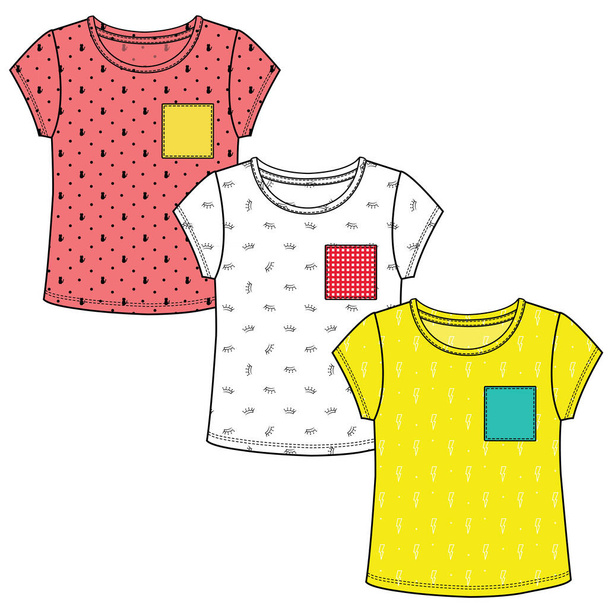 KIDS AND TEEN GIRLS WEAR GRAPHIC T-SHIRTS SET PLAIN AND WITH ALL OVER PRINT VECTOR - Vector, Image