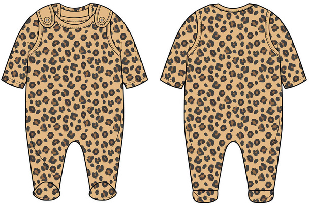 BABY WEAR ROMPER AND PLAYSUIT LEOPARD SKIN PRINT FRONT AND BACK VECTOR SKETCH - Vector, Image