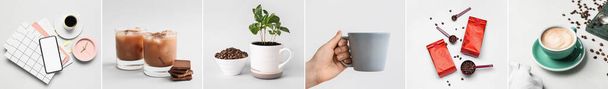 Collage of cups with coffee, roasted beans, plant and cold cocktails on light background - Foto, Bild
