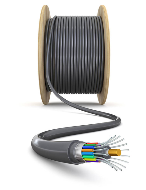 Барабан из деревянного кабеля с оптическим кабелем на белом фоне - 3D иллюстрация - Фото, изображение
