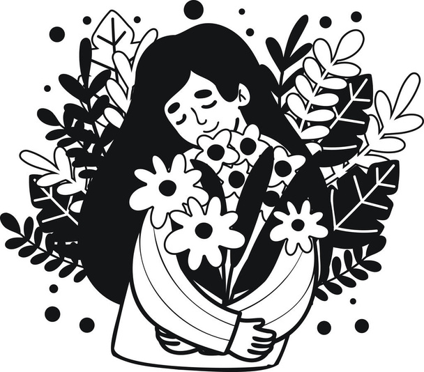 woman with flower in woman day concept illustration in doodle style isolated on background - ベクター画像