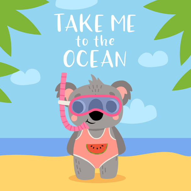 Cute cartoon baby koala in swimsuit and underwater mask smiling on the beach. Summer vector illustration for childrens book, poster, t shirt - Wektor, obraz